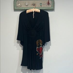 Brand new ed hardy Black Y2K Women's tunic Top with Heart Design size small